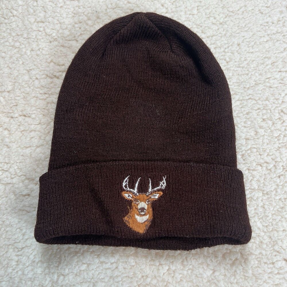 Brown Deer Head Embroidered Buck Beanie One Size Fits Most Hunting